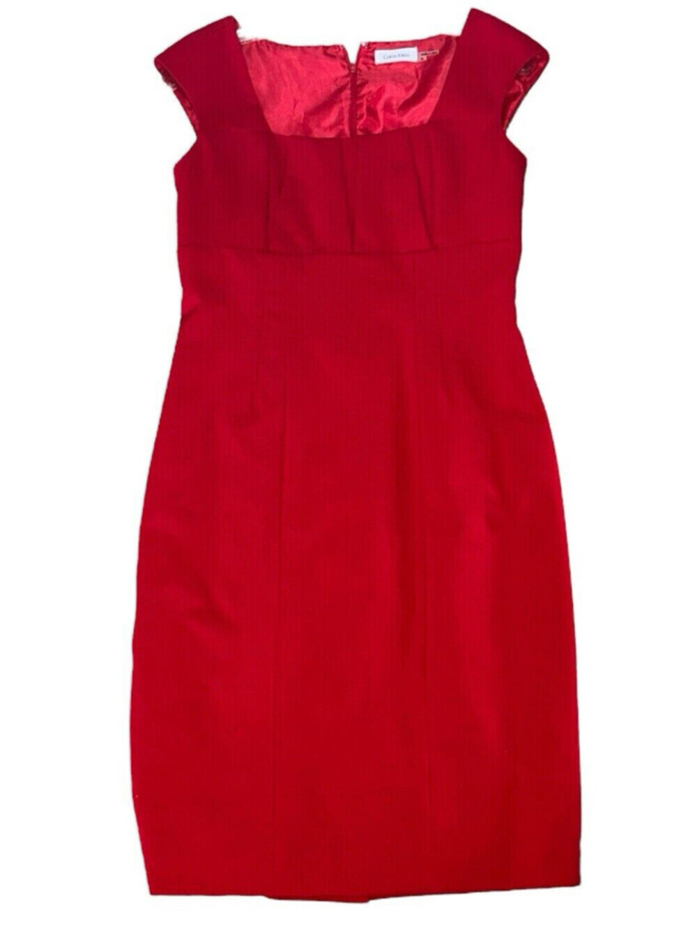 Calvin Klein Sz 6 Red Sleeveless Square Neck Shift Empire Waist Dress Lined EUC
